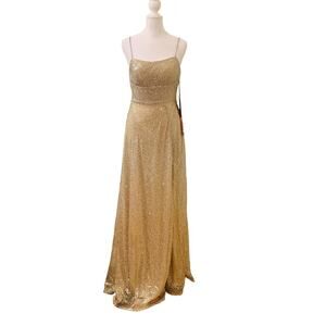 City Triangles Gold and Silver Evening Gown with Slit, Spaghetti Strap, Size 1